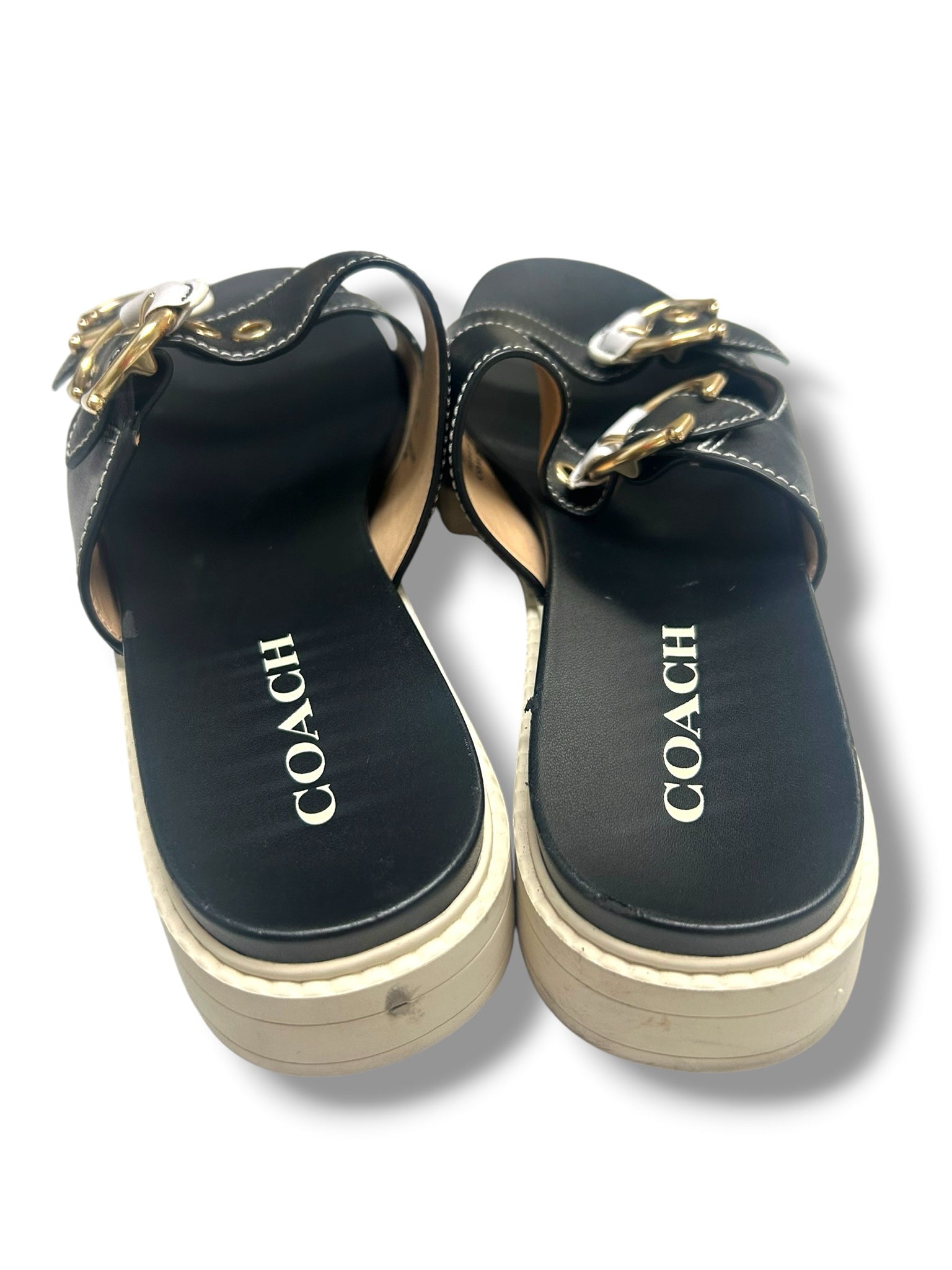 COACH BUCKLE PIPER BLACK CREAM PLATFORM SLIDE SANDALS SIZE 8.5