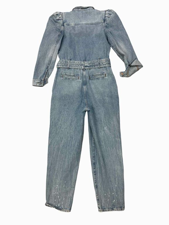 EXPRESS CASUAL PUFF SLEEVE TIE WAIST MEDIUM WASH DENIM JUMPSUIT SIZE: 4