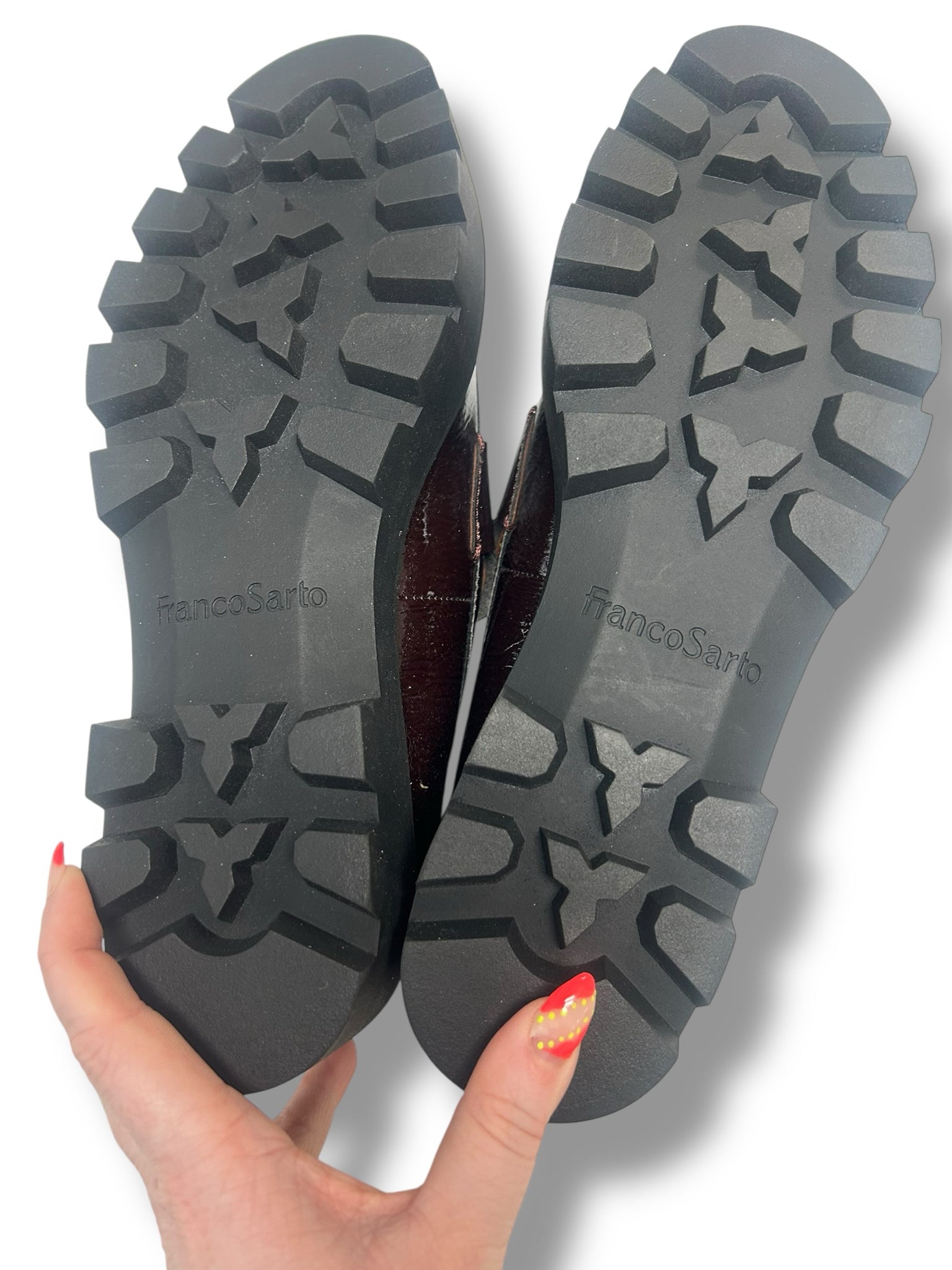 FRANCO SARTO BALIN PATENT LUG SOLE BURGUNDY PLATFORM LOAFERS SIZE 10