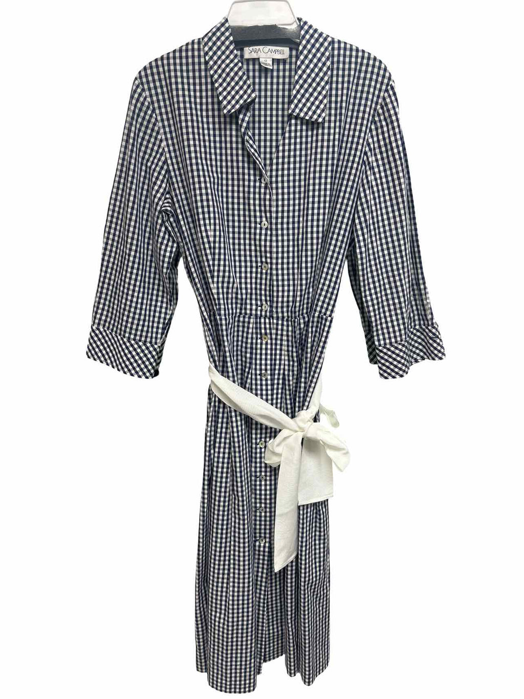 SARA CAMPBELL HOLLIE NAVY GINGHAM BELTED SHIRT DRESS SIZE: 12