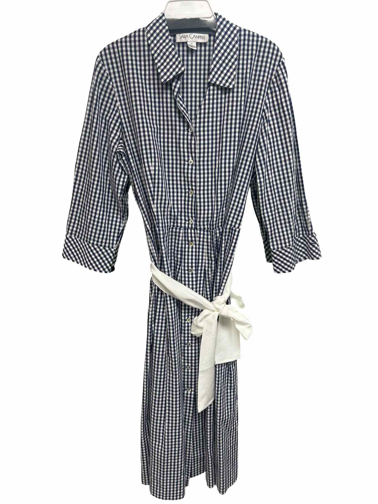 SARA CAMPBELL HOLLIE NAVY GINGHAM BELTED SHIRT DRESS SIZE: 12