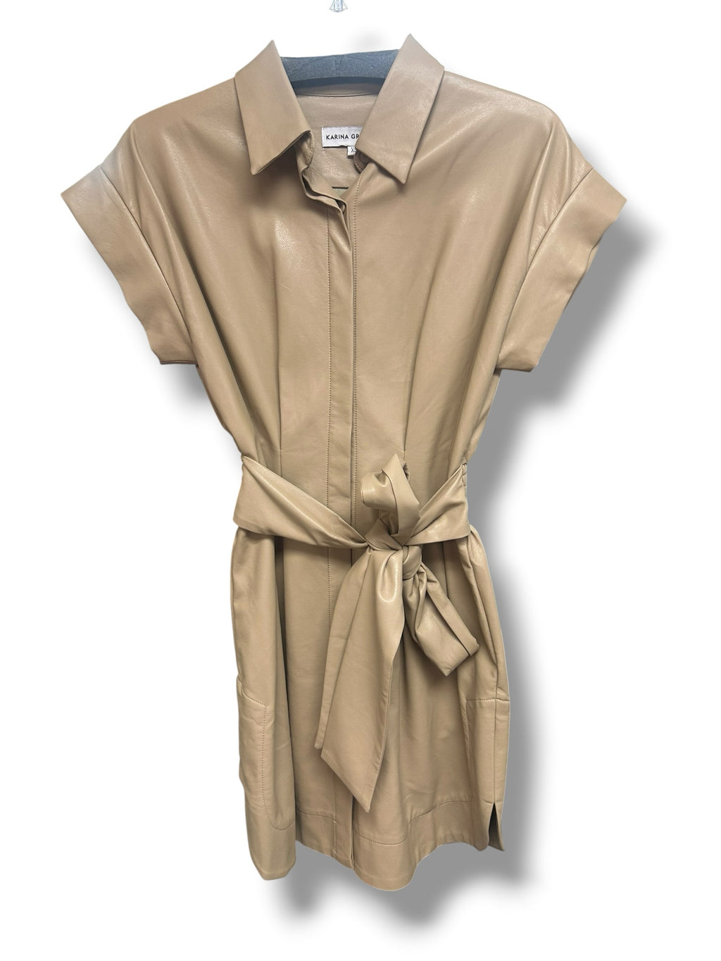 KARINA GRIMALDE VEGAN LEATHER BUTTON FRONT TAN MINI DRESS SIZE XS