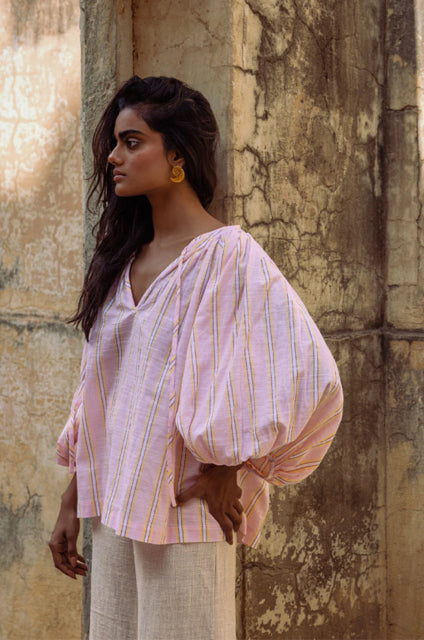 DAUGHTERS OF INDIA POET PEASANT BLOUSE PINK SORBET STRIPED SIZE XXL