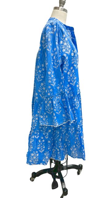 JULIET DUNN SAPPHIRE FLORAL BOHO SPLIT NECK TIERED MINI DRESS M/L