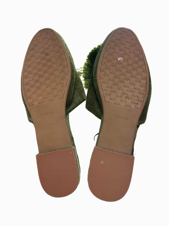 BIRDIES  SONGBIRD VELVET POM POM MULES IN OLIVE GREEN SIZE: 11