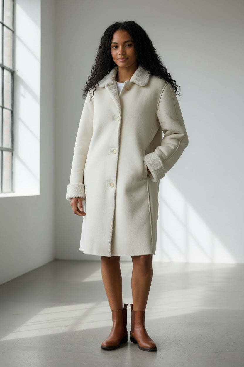 LANDS END WHITE IVORY SHEARLING LINED BUTTON FRONT COAT SIZE 14