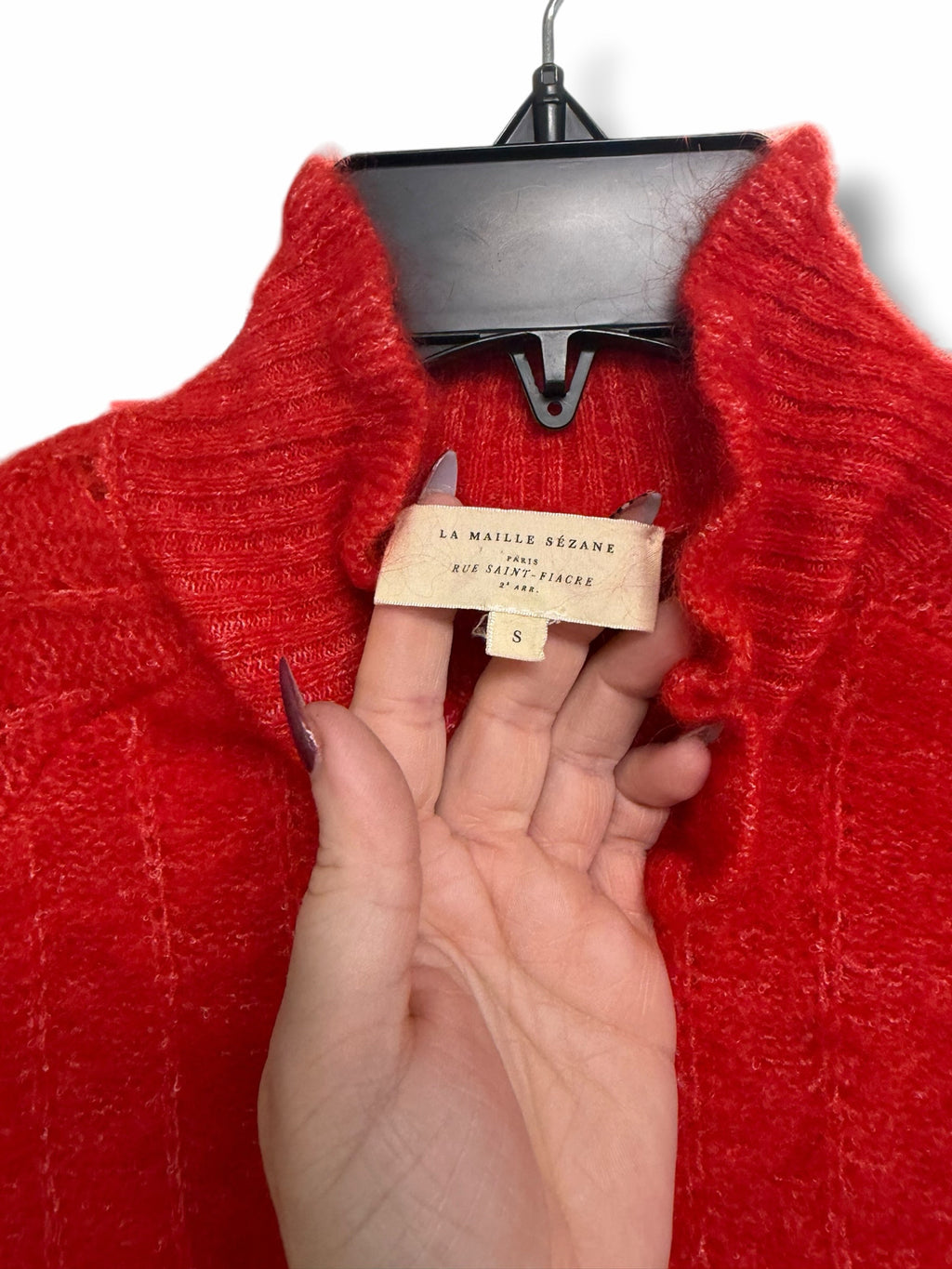 SEZANE MOHAIR MARINO WOOL LORIS JUMPER RED RUFFLE HIGH NECKLINE SIZE SMALL