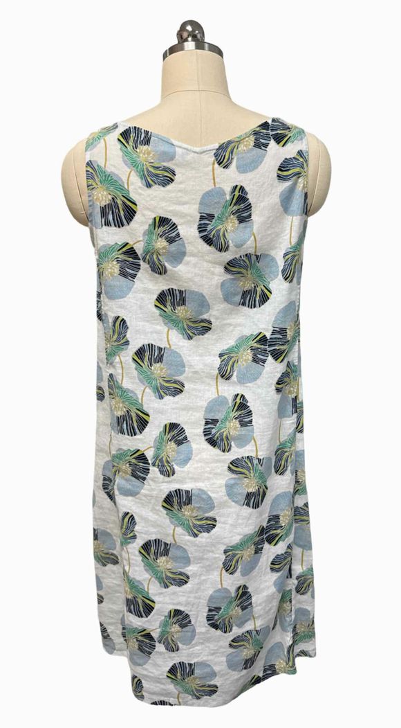 HABITAT NWT! 100% LINEN INDIGO FLORAL SHIFT CREAM/GREEN DRESS SIZE XS