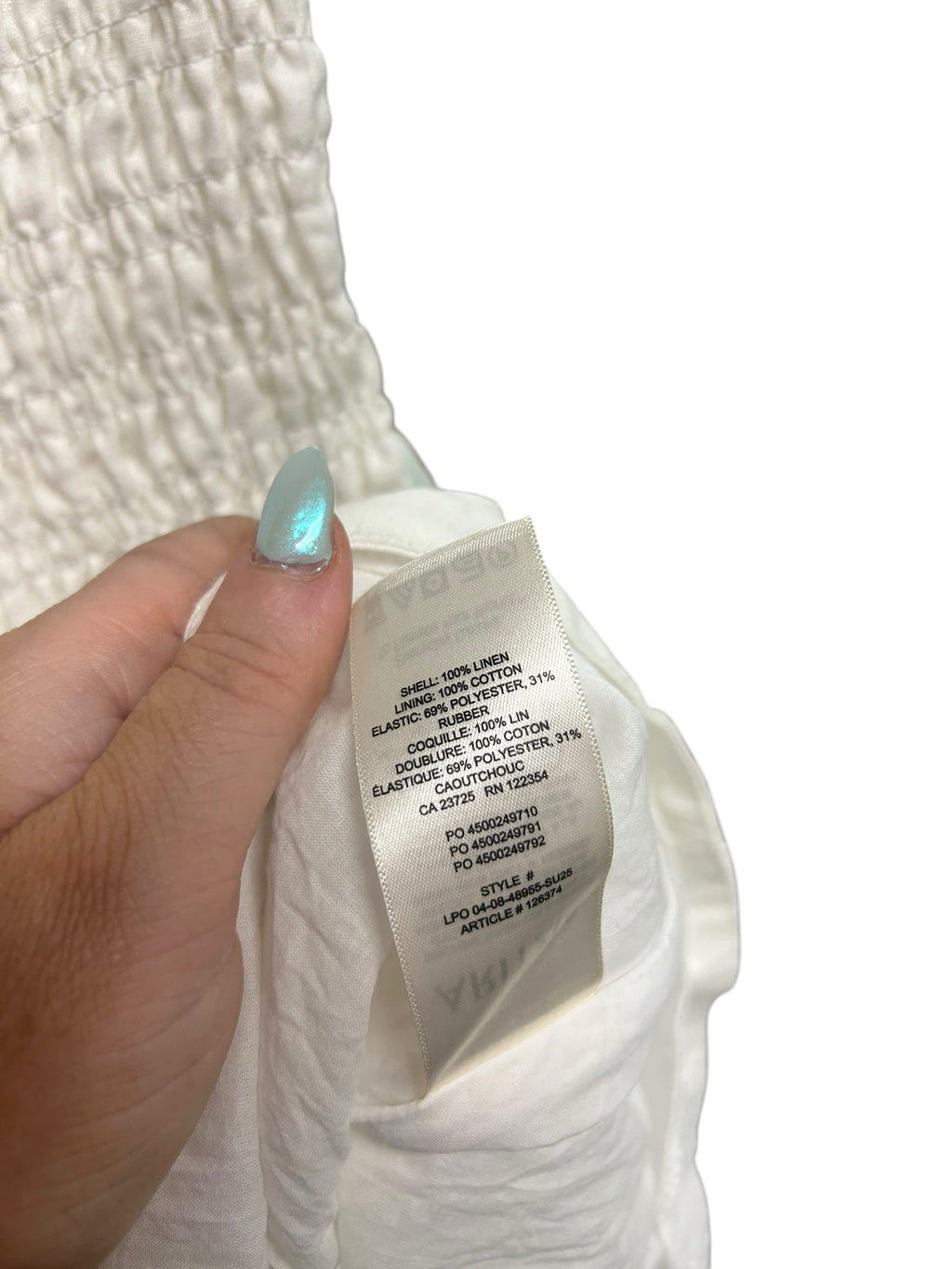 ARITZIA WILFRED CORINNE SMOCKED WHITE STRAPPY LINEN MINI DRESS SIZE SMALL