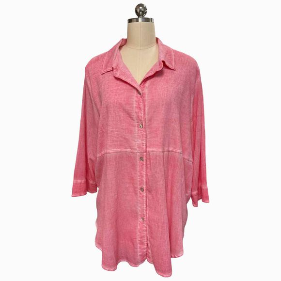 FOCUS NWT! PRESHRUNK COTTON DYED PINK BUTTON UP TUNIC SIZE XL