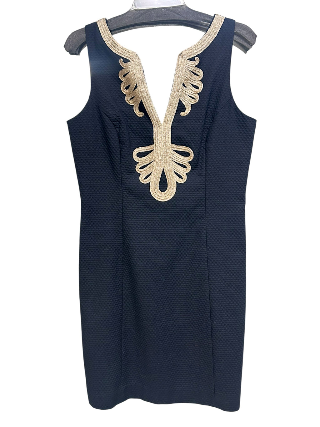 LILLY PULITZER VALLI BLACK TEXTURED GOLD EMBROIDERED SHIFT DRESS SIZE 10