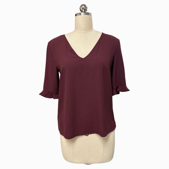 ANN TAYLOR VNECK RUFFLE SS MAROON BLOUSE SIZE XS