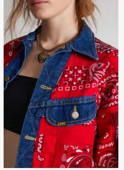 URBAN RENEWAL LEE RED BANDANA PATCH DENIM REWORKED JACKET SIZE MEDIUM