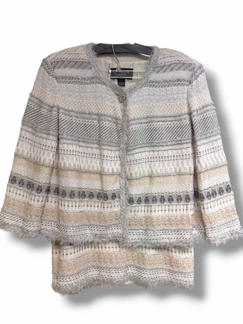 ST JOHN COUTURE TWEED METALLIC FRINGE SILVER JACKET SKIRT SET SIZE 10