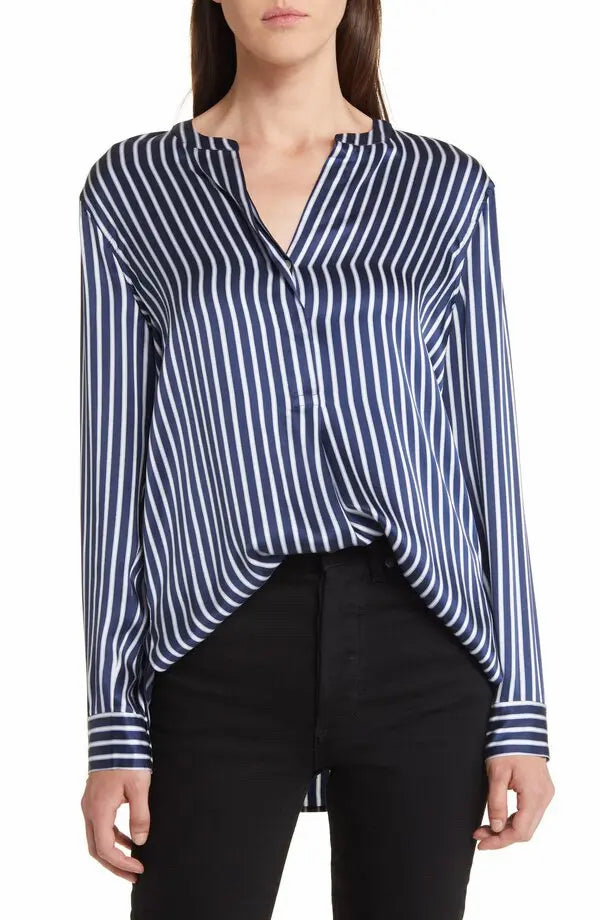 RAILS PEARL STRIPE NAVY SATIN SILK KENT POPOVER BLOUSE SIZE SMALL