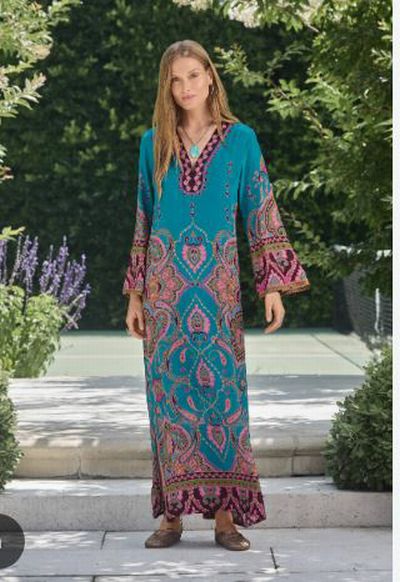 JOHNNY WAS JUDITH SILK PAISLEY PRINT TEAL MAXI DRESS SIZE SMALL
