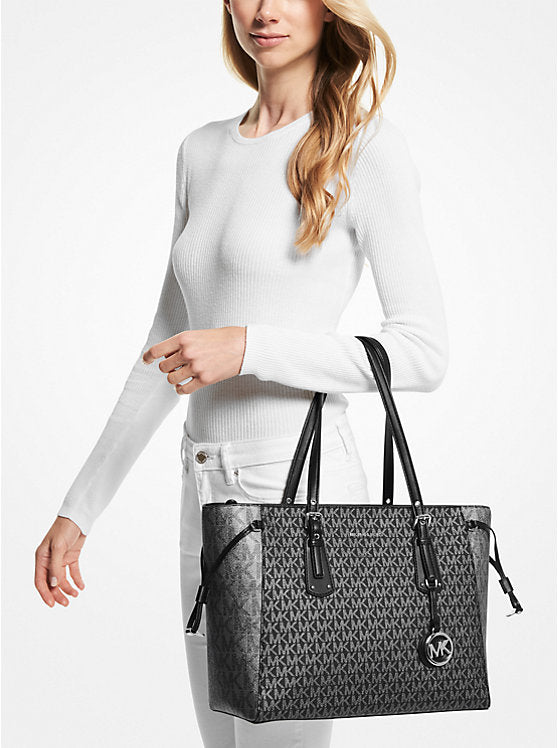 MICHAEL KORS VOYAGER MEDIUM TWO-TONE METALLIC LOGO TOTE