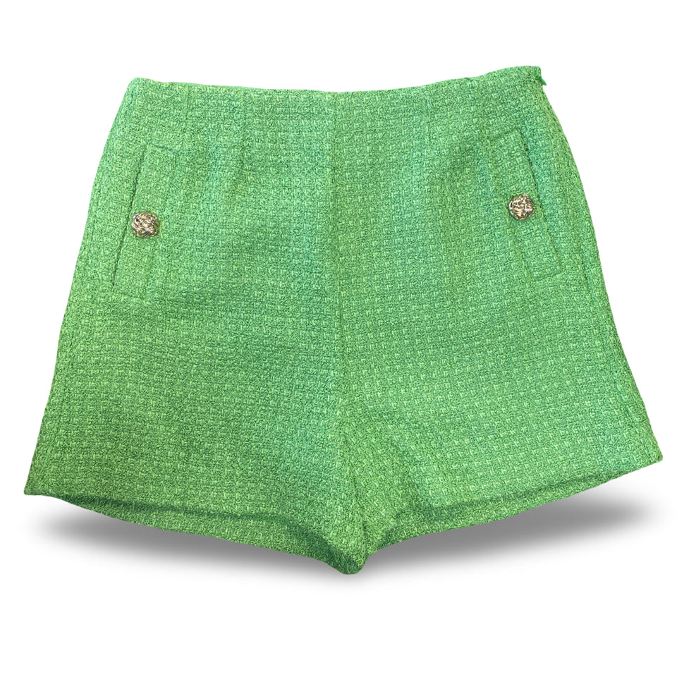 ENDLESS ROSE KELLY GREEN TWEED SPLIT TOP SHORT SET SIZE XS