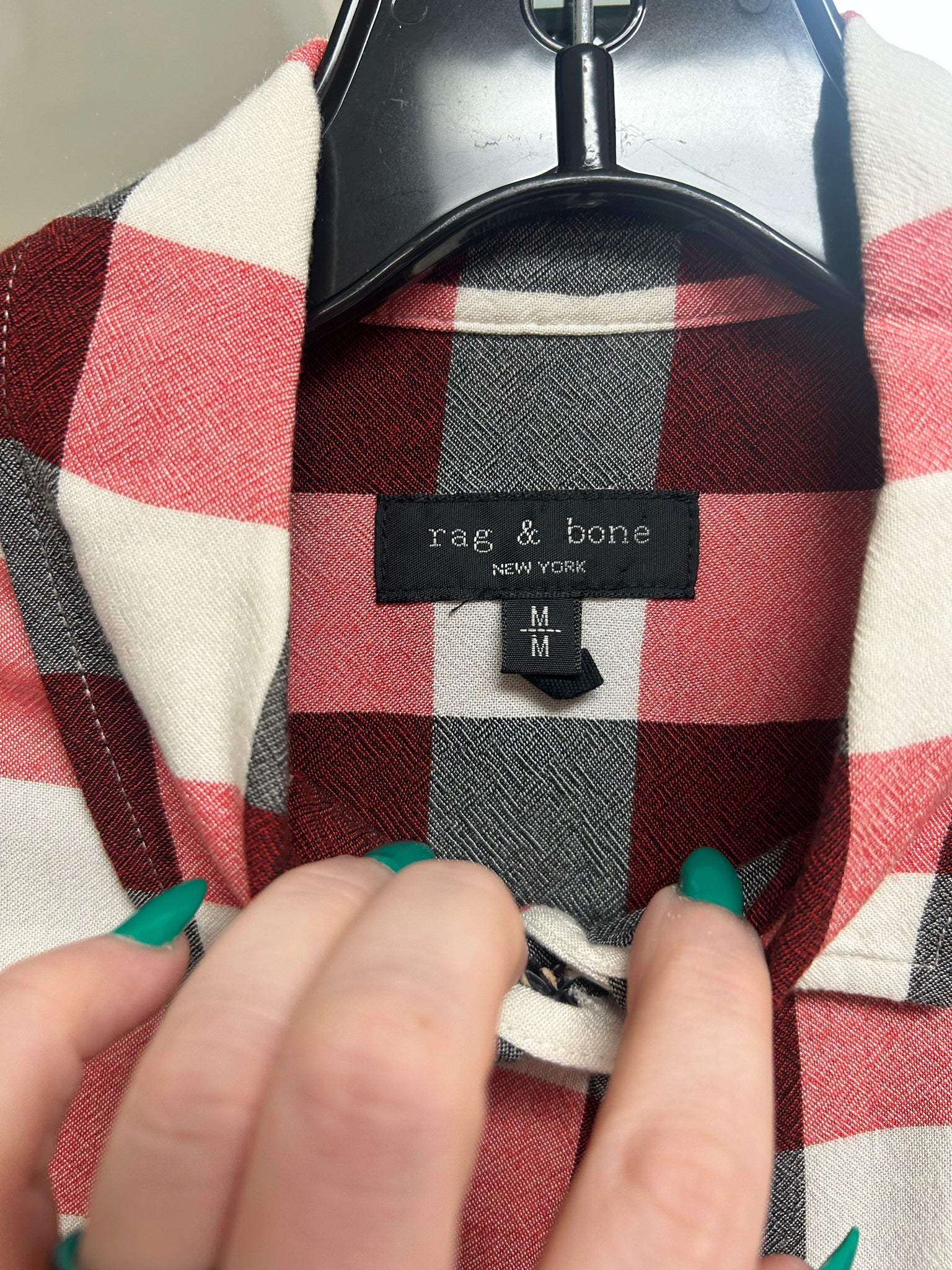 RAG & BONE CAMILLE BUFFALO CHECK FAUX WRAP RED BLACK WHITE BLOUSE SIZE MEDIUM