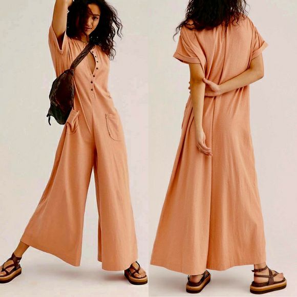 FREE PEOPLE MY GO TO TEXTURED CLAY JUMPSUIT SIZE XL