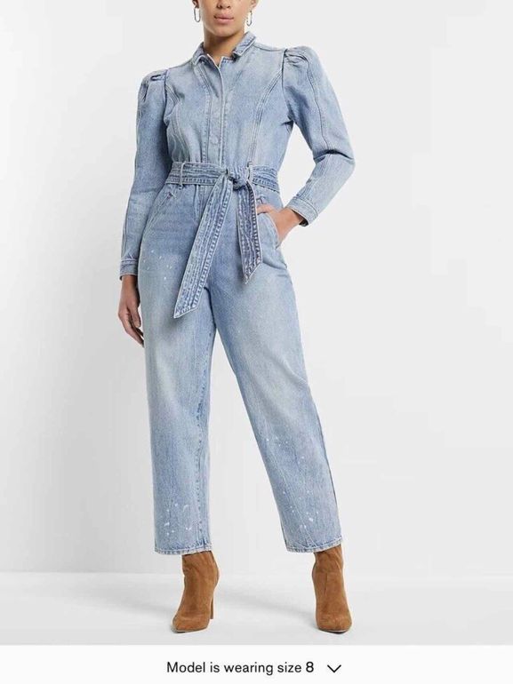 EXPRESS CASUAL PUFF SLEEVE TIE WAIST MEDIUM WASH DENIM JUMPSUIT SIZE: 4