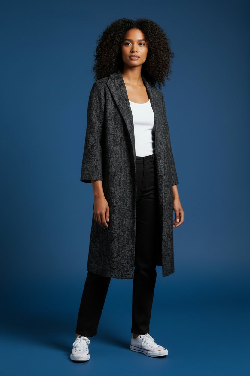 EILEEN FISHER CHARCOAL TEXTURED OPEN FRONT 3/4 SLEEVE NOTCHED COLLAR JACKET XS