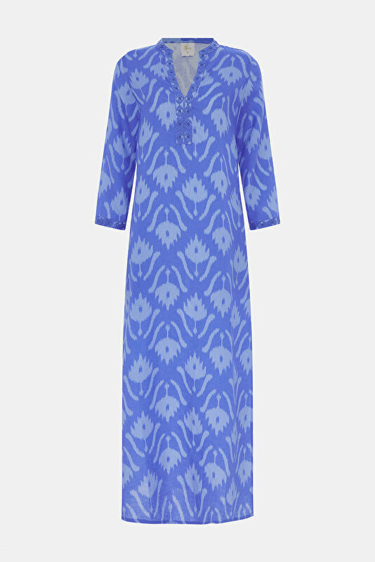 NIMO WITH LOVE BLUE EMBROIDERED LONG SLEEVE LINEN  KAFTAN DRESS SIZE XL