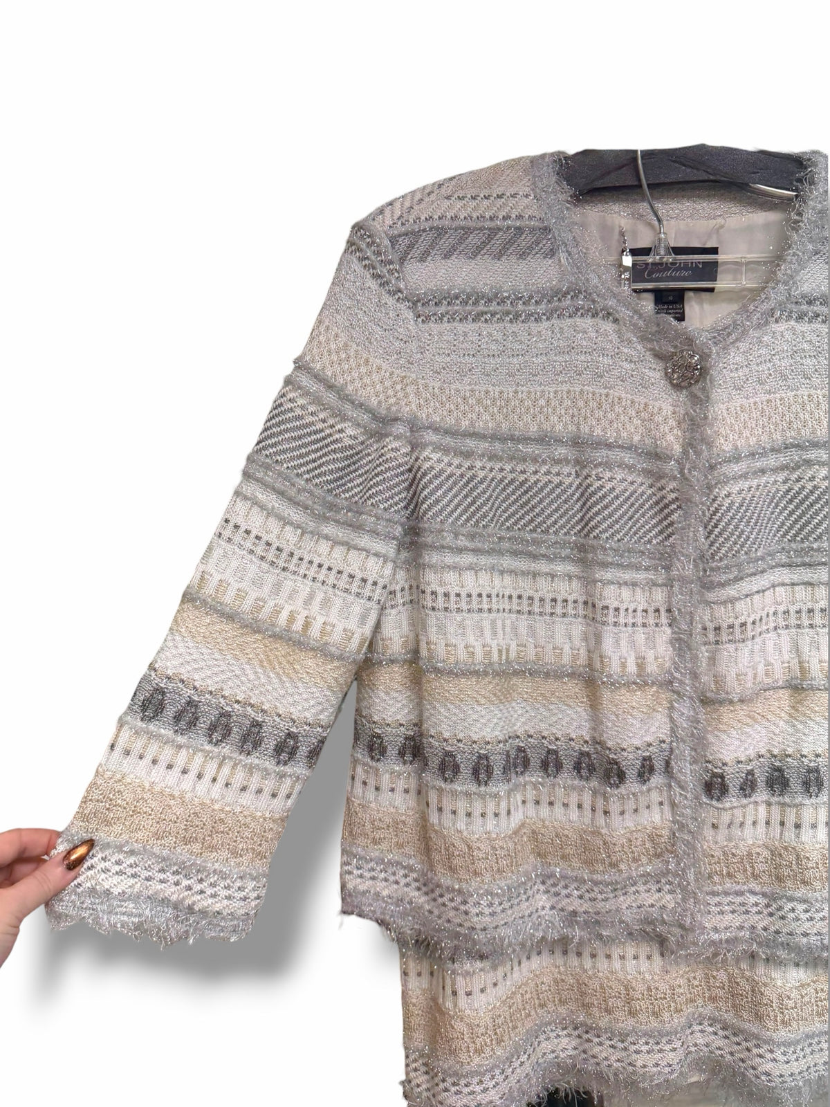 ST JOHN COUTURE TWEED METALLIC FRINGE SILVER JACKET SKIRT SET SIZE 10