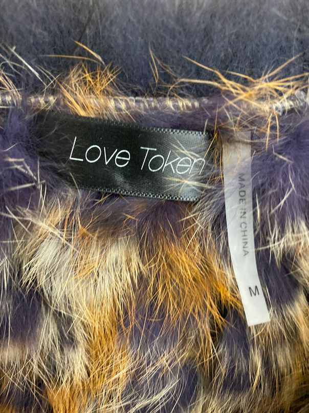 LOVE TOKEN ORANGE/PURPLE RABBIT FUR FRINGE VEST SIZE MEDIUM