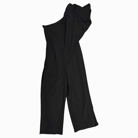 MARINA ONE SHOULDER DRAPED CREPE BLACK JUMPSUIT SIZE 12