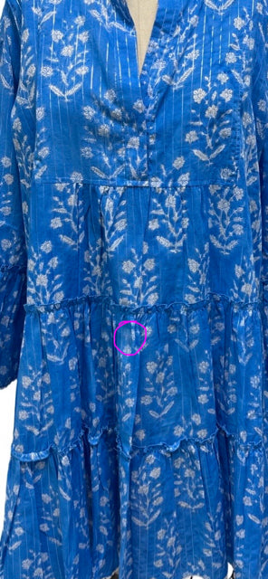 JULIET DUNN SAPPHIRE FLORAL BOHO SPLIT NECK TIERED MINI DRESS M/L