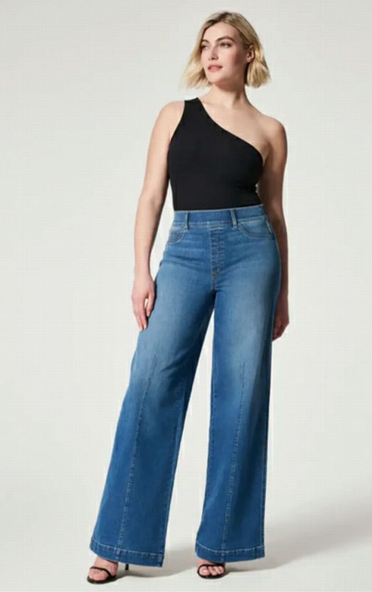 SPANX NWT! SEAMED FRONT WIDE LEG FLARE DENIM JEANS *PETITE* SIZE 1X