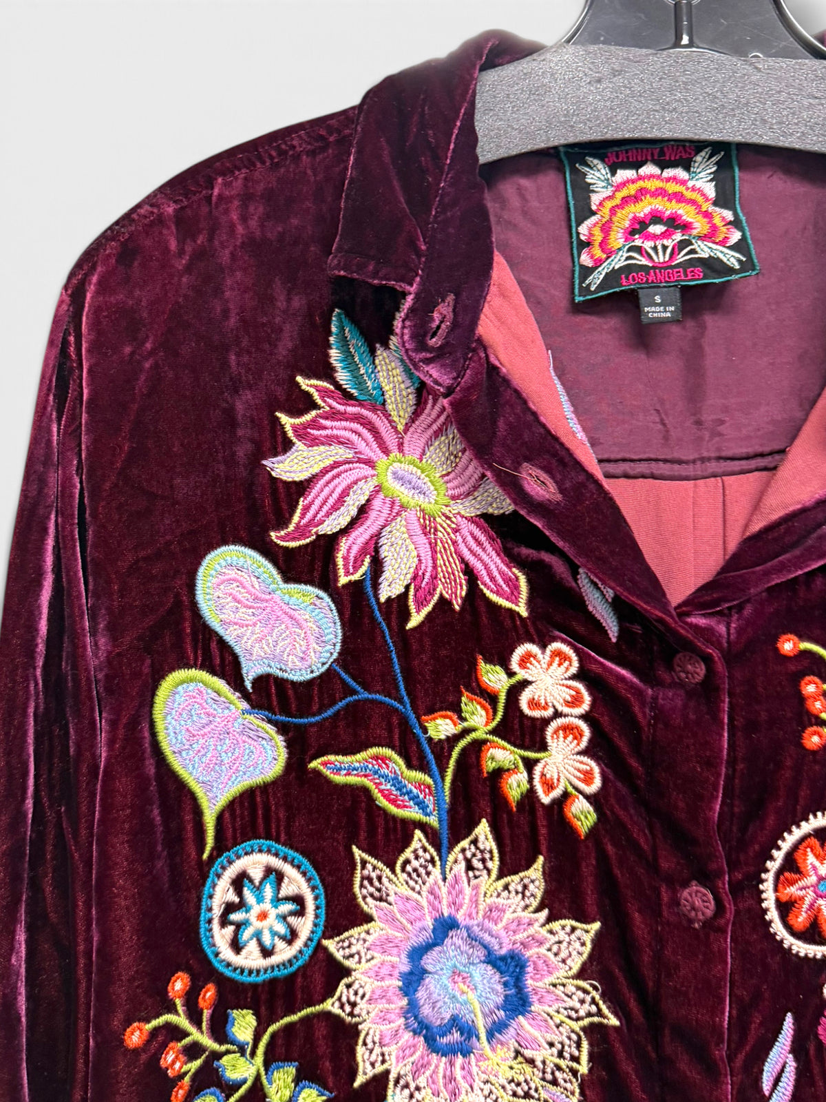 JOHNNY WAS PACIFICA VELVET OVERSIZED SILK BLEND EMBROIDERED SHIRT SIZE S