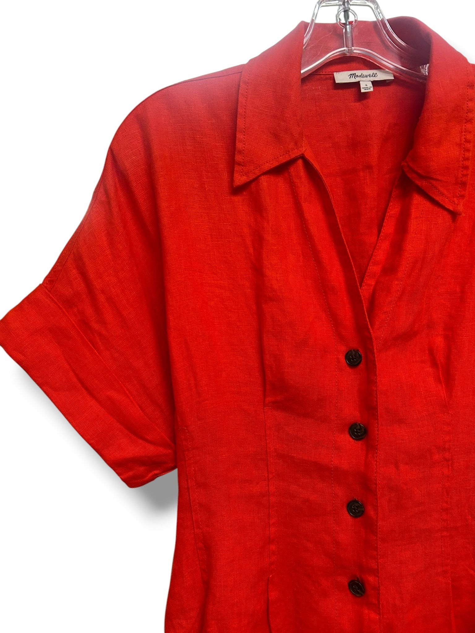 MADEWELL THE PERRY MINI LINEN CHERRY RED BUTTON FRONT SHIRT DRESS SIZE SMALL