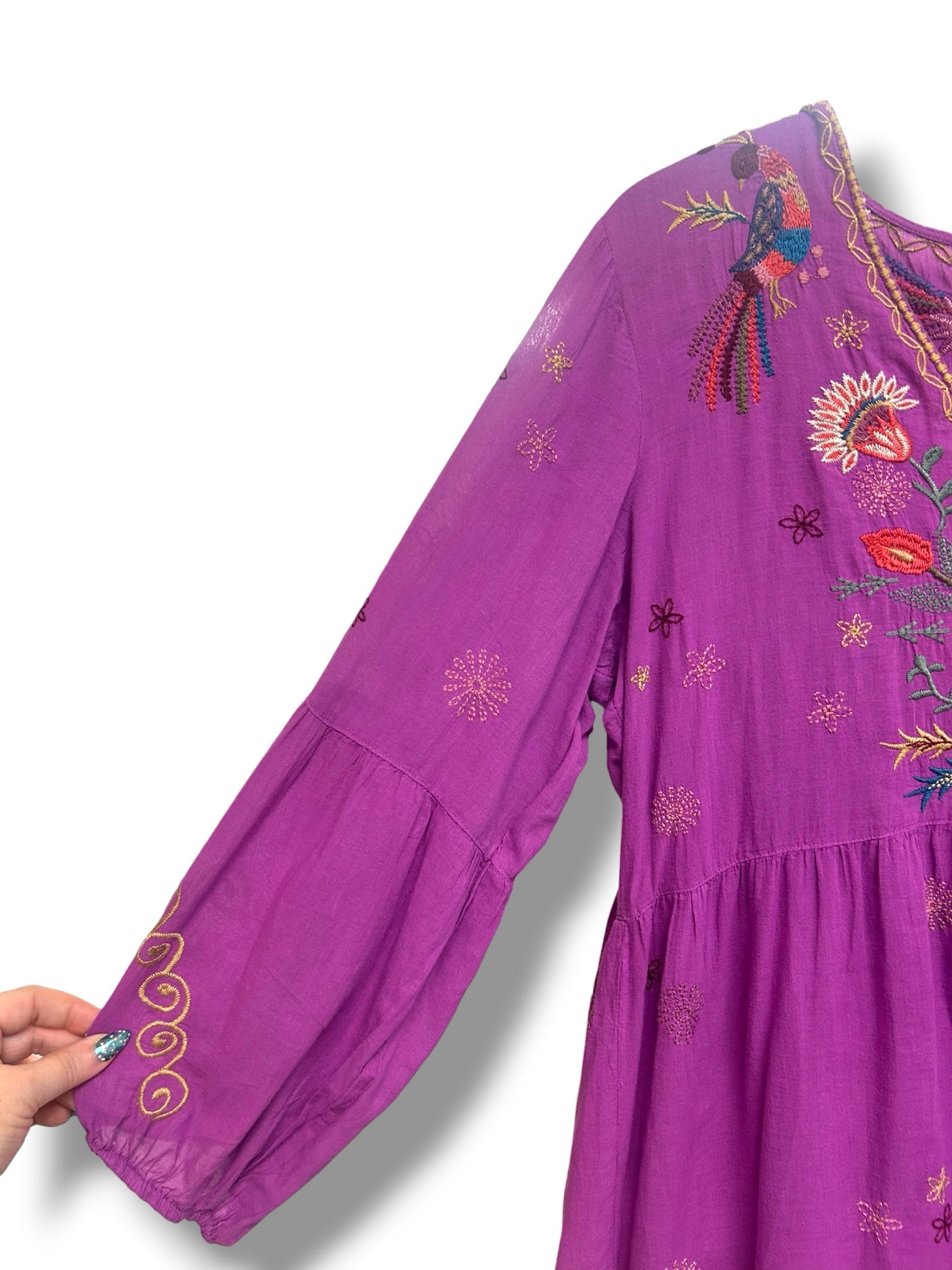 JOHNNY WAS LUCY EASY TIERED MINI PURPLE EMBROIDERED DRESS SIZE LARGE