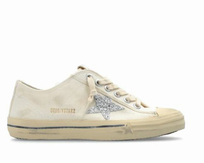 NIB GOLDEN GOOSE V STAR BEIGE CANVAS GLITTER STAR SNEAKERS SIZE 40 US 10