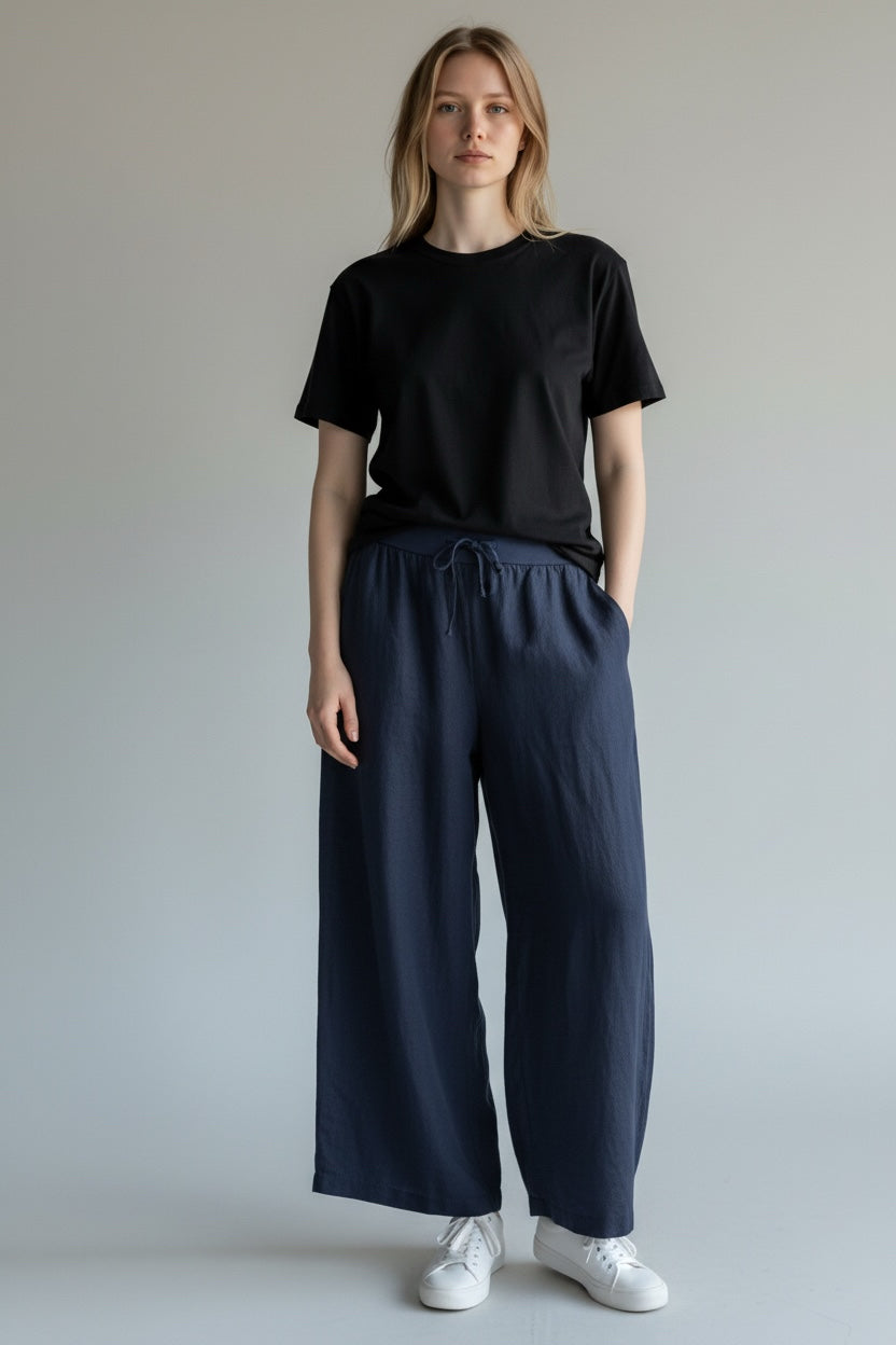 FLAX NAVY BLUE LINEN WIDE LEG LAGENLOOK PULL ON PANTS SIZE MEDIUM