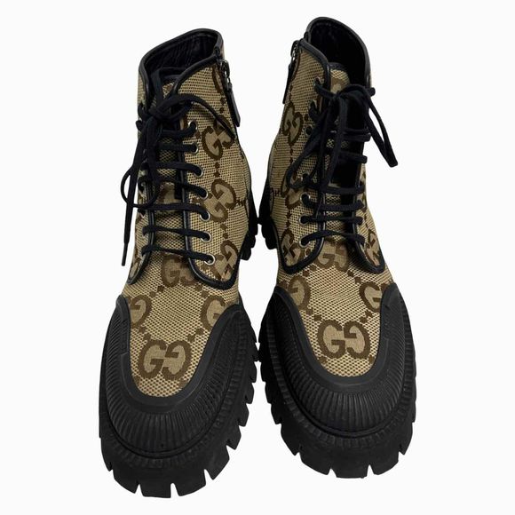 GUCCI GG CANVAS COMBAT BLACK LACE UP BOOT SIZE 7.5