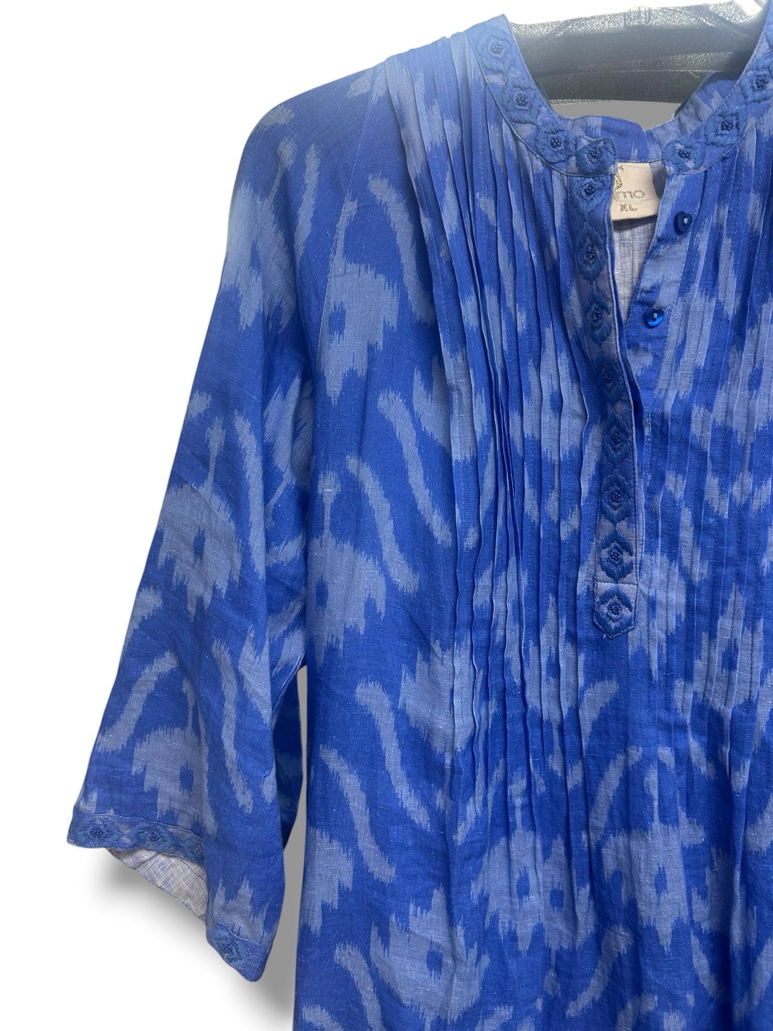 NIMO WITH LOVE BLUE EMBROIDERED LONG SLEEVE LINEN  KAFTAN DRESS SIZE XL