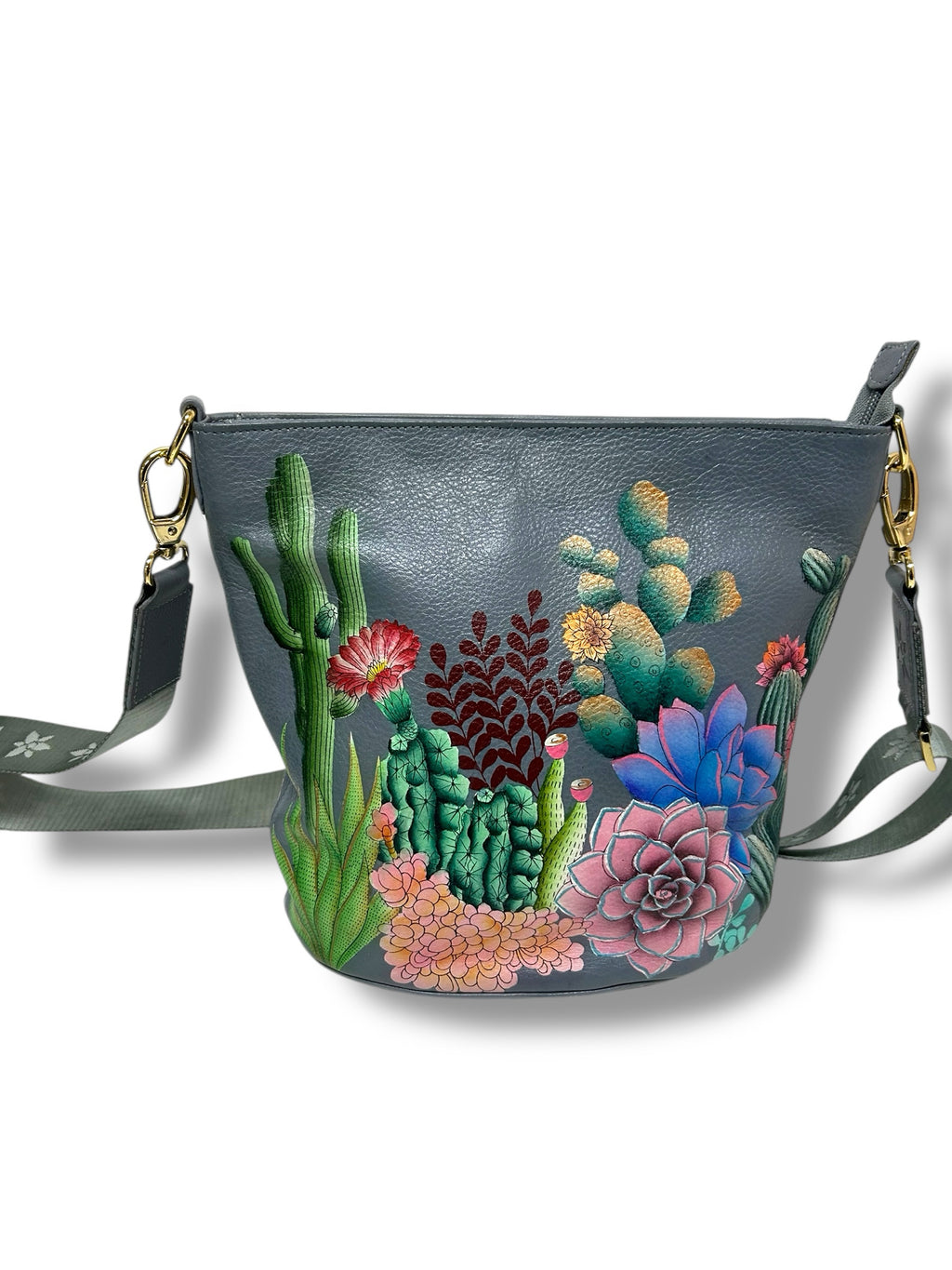 ANUSCHKA HAND PAINTED DESERT GARDEN CROSSBODY GRAY LEATHER