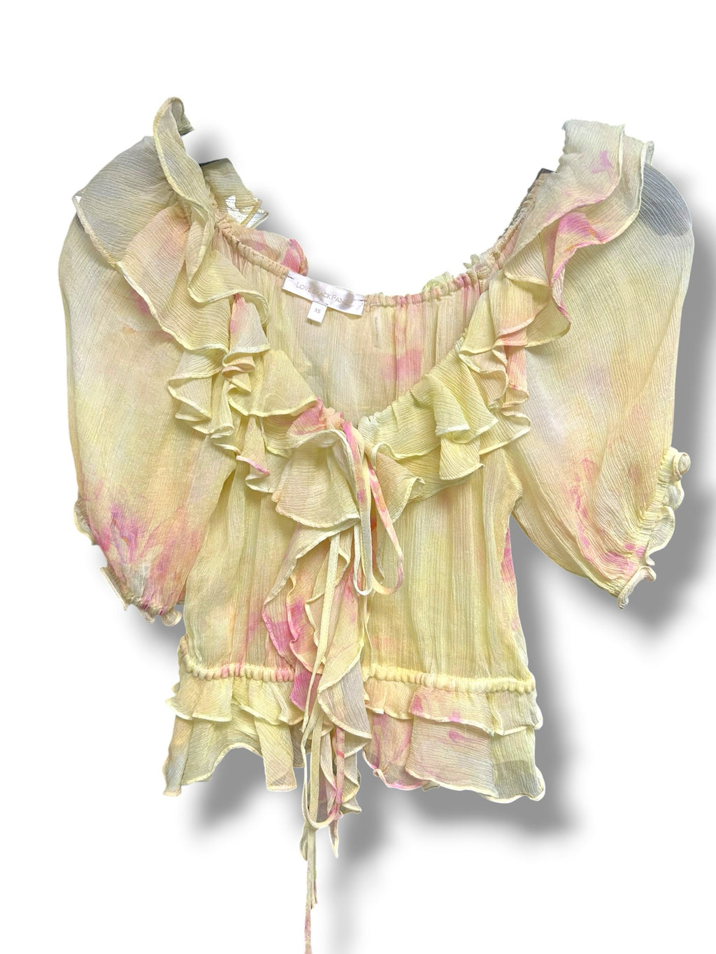 LOVE SHACK FANCY SHEER RUFFLE ALDER SILK BLOUSE YELLOW PINK SIZE XS