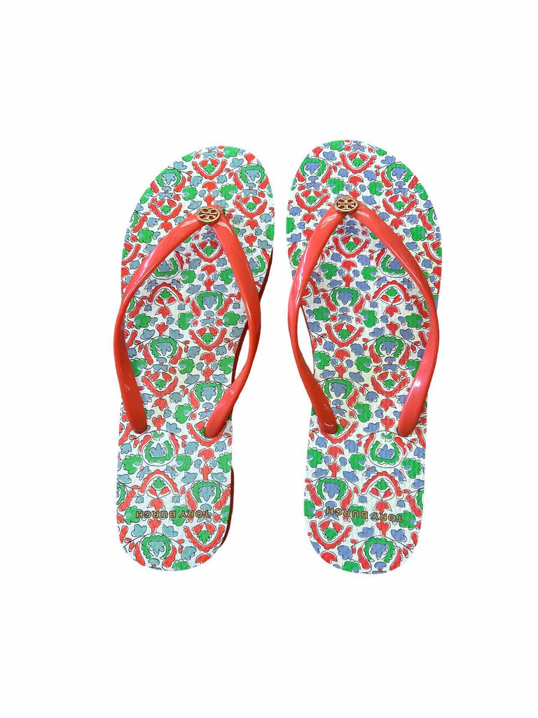 TORY BURCH THIN FLIP FLOP IN POPPY RED/LEGACY PAISLEY 10