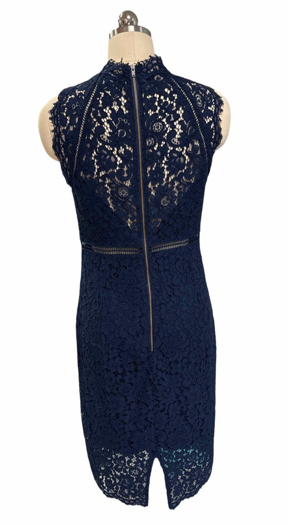 BARDOT ISLA LACE OVERLAY PANELLED NAVY MIDI DRESS SIZE 10