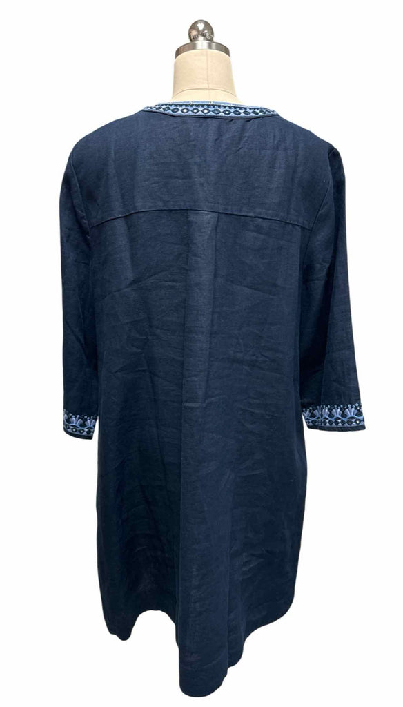 CHICOS SPLIT NECK EMBROIDERED LINEN LINED NAVY TUNIC DRESS SIZE 16