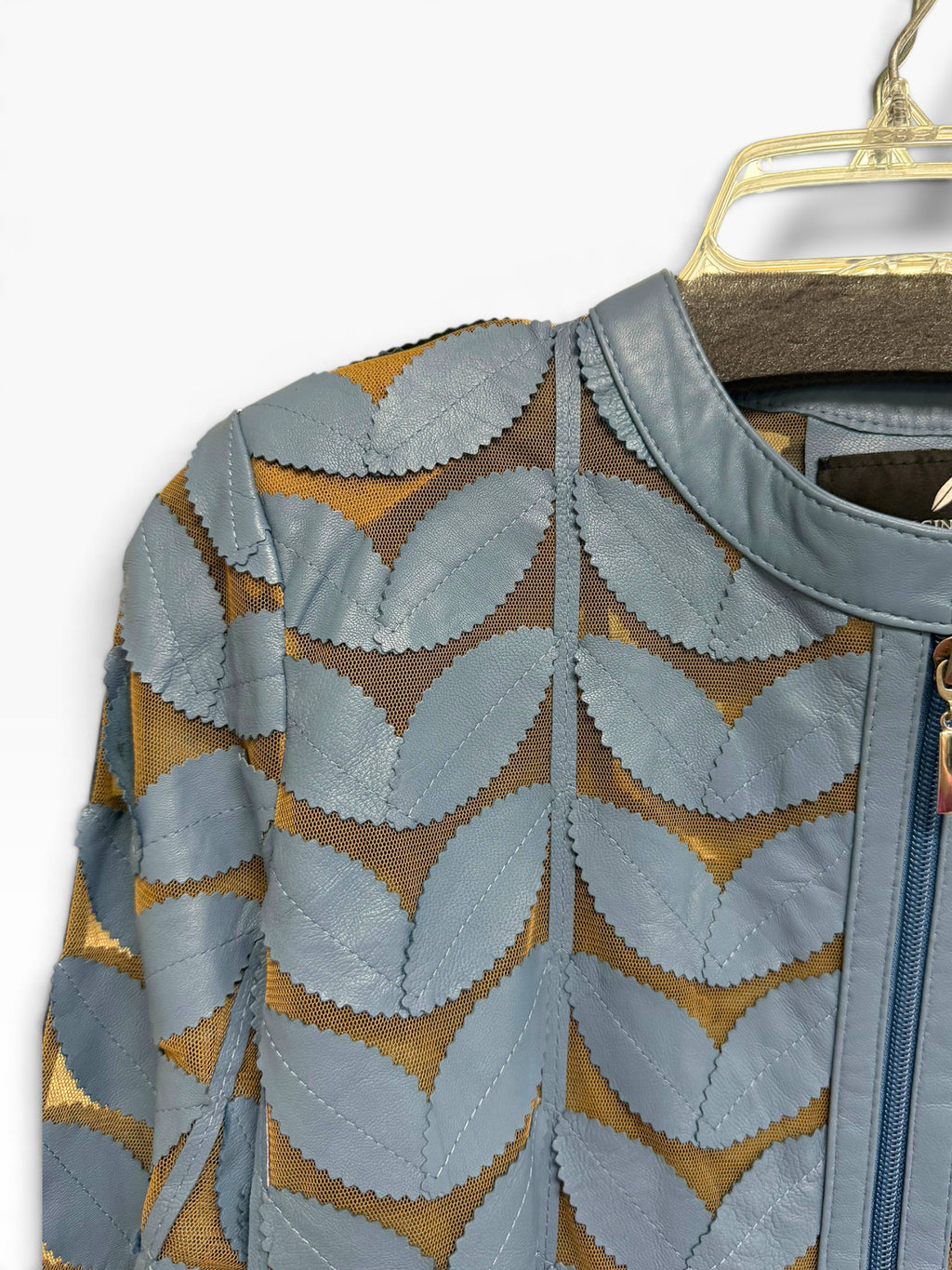 NWT BELGIN FRANCIS LEATHER CROP LEAF ZIP UP BLUE JACKET SIZE MEDIUM