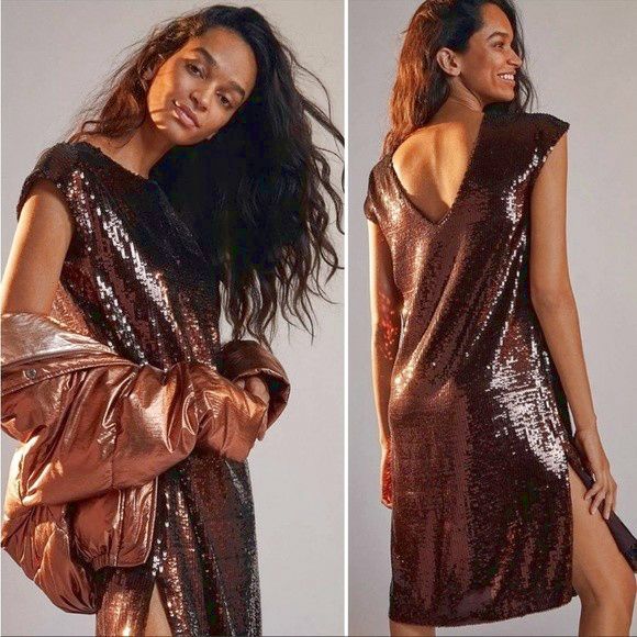 ANTHROPOLOGIE MAEVE KARA BROWN SEQUIN V BACK MINI DRESS SIZE MEDIUM