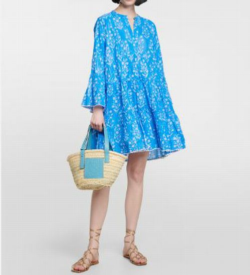JULIET DUNN SAPPHIRE FLORAL BOHO SPLIT NECK TIERED MINI DRESS M/L
