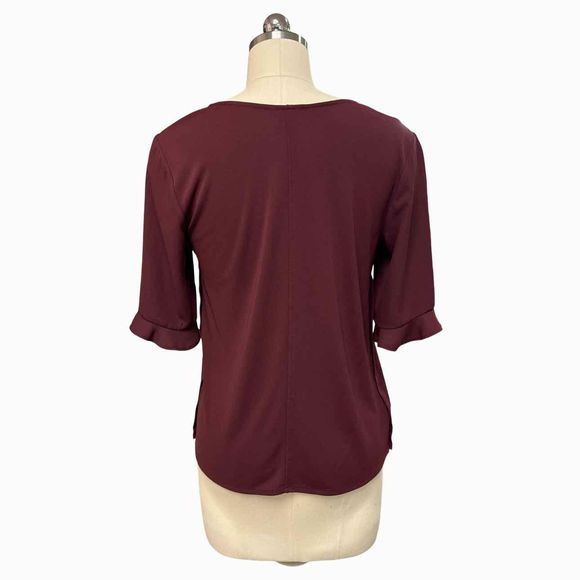 ANN TAYLOR VNECK RUFFLE SS MAROON BLOUSE SIZE XS