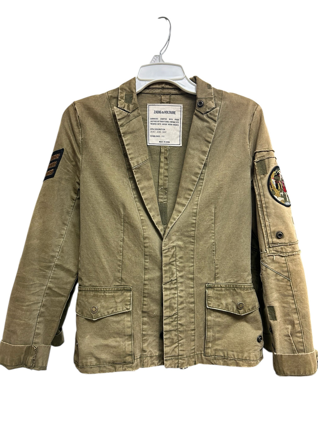 ZADIG & VOLTAIRE VIRGINIA GRUNGE FADED PATCH MILITARY JACKET SIZE XS