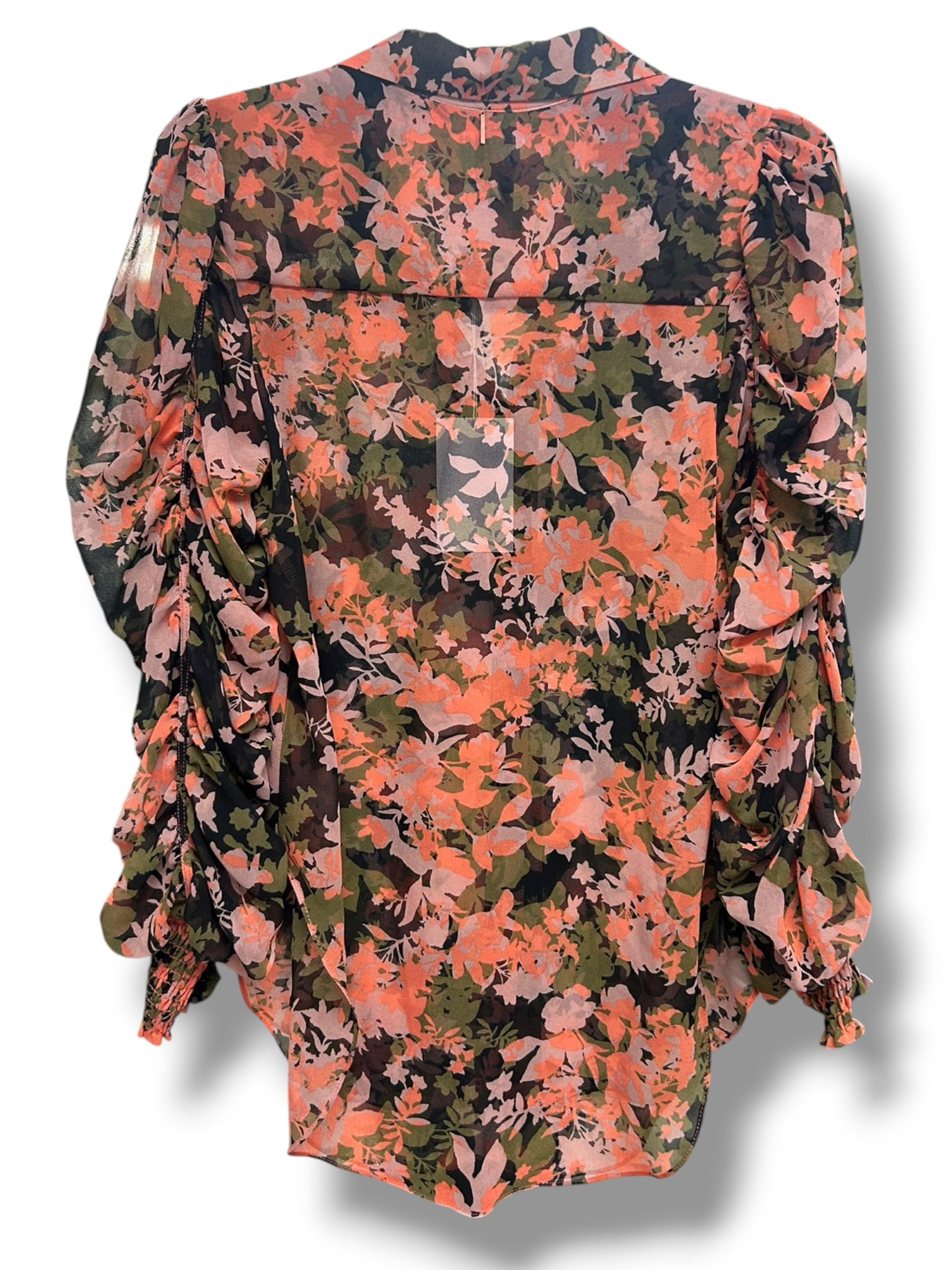 NEW WITH TAGS MISA SEMI SHEER FLORAL PINK CHIFFON RUCHED SLEEVES BLOUSE SIZE XS
